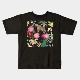 Tiger and peacock with tropical flowers Kids T-Shirt